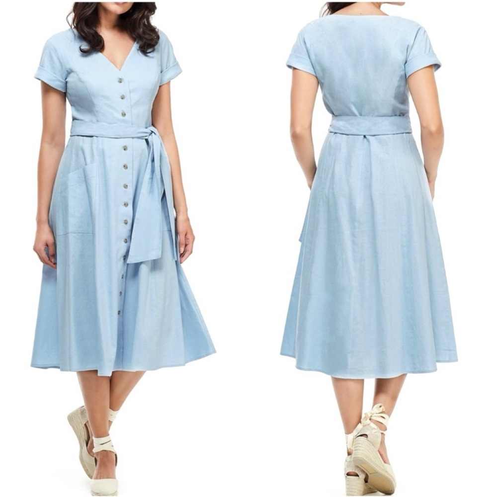 GAL MEETS GLAM Vanessa Blue Linen Blend Button Front Midi Dress Size 18 6732